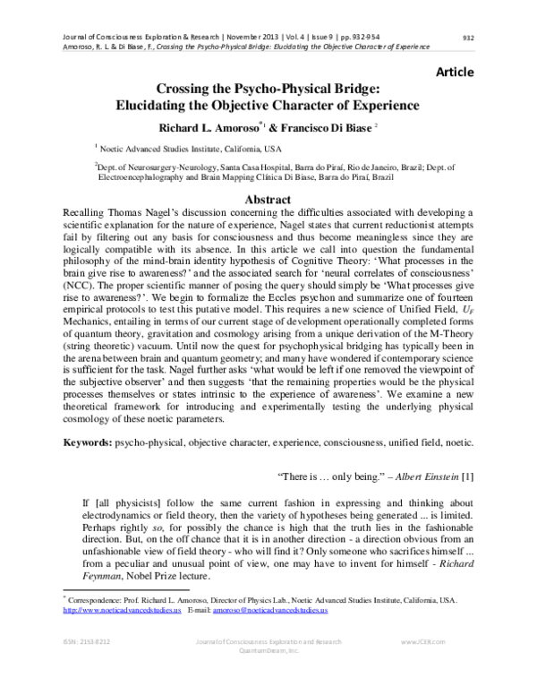 Article Crossing the Psycho-Physical Bridge: Elucidating the Objective Character of Experience