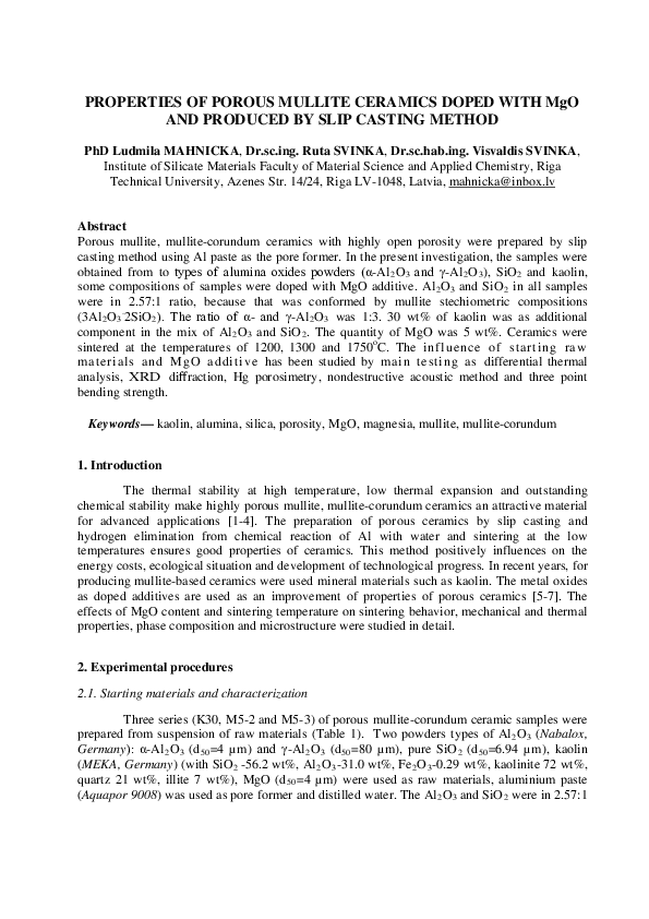 (PDF) PROPERTIES OF POROUS MULLITE CERAMICS DOPED WITH MgO AND PRODUCED ...