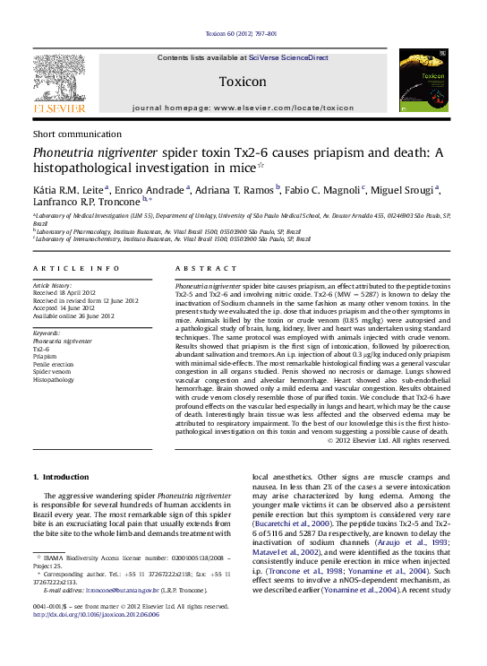 (PDF) Phoneutria nigriventer spider toxin Tx2-6 causes priapism and ...
