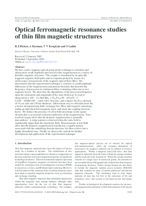 (PDF) Optical ferromagnetic resonance studies of thin film magnetic ...