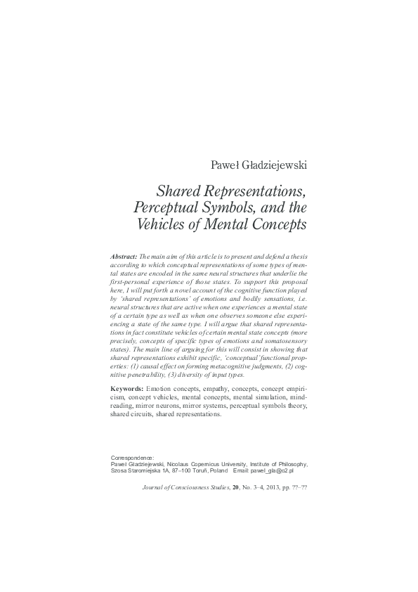 (PDF) Shared Representations, Perceptual Symbols, and the Vehicles of ...