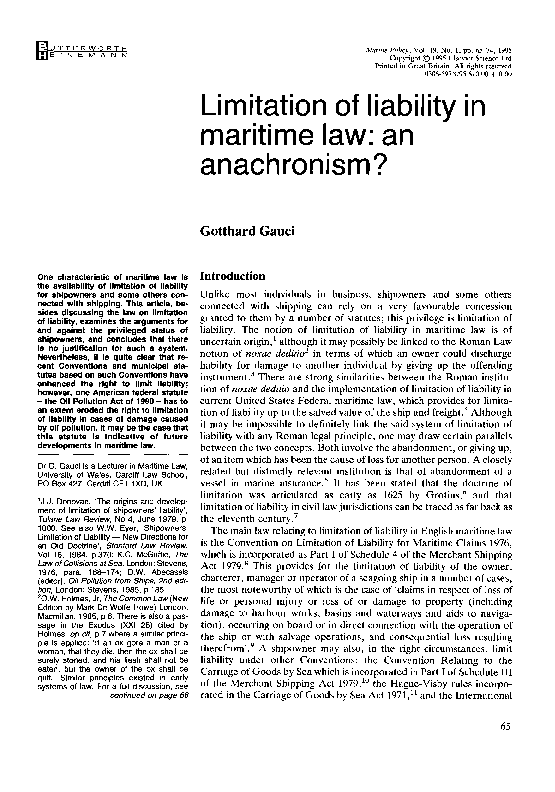 PDF) Limitation of liability in maritime law: an anachronism
