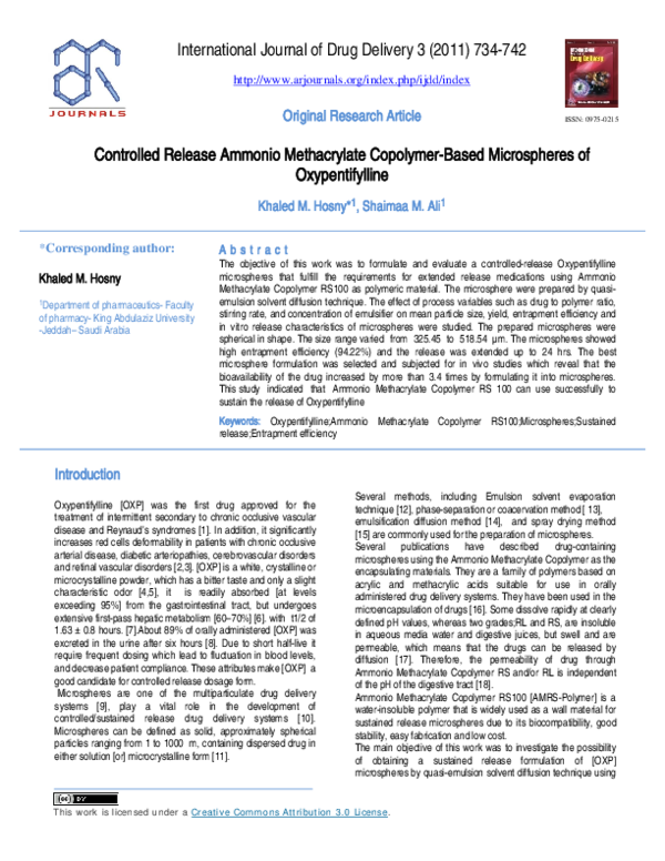 (PDF) Controlled Release Ammonio Methacrylate CopolymerBased