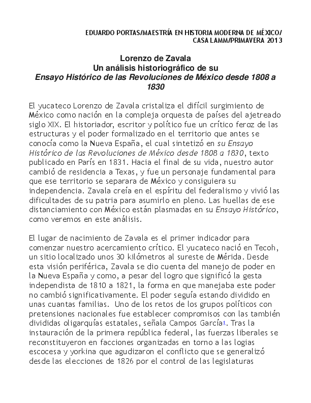 Lorenzo de Zavala. Un análisis historiográfico de su Ensayo Histórico