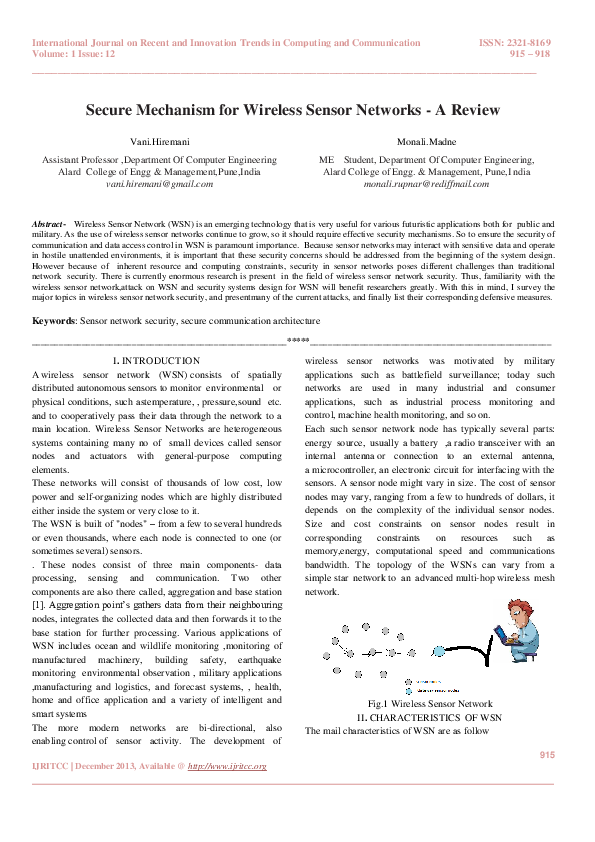 (PDF) Secure Mechanism For Wireless Sensor Networks - A Review
