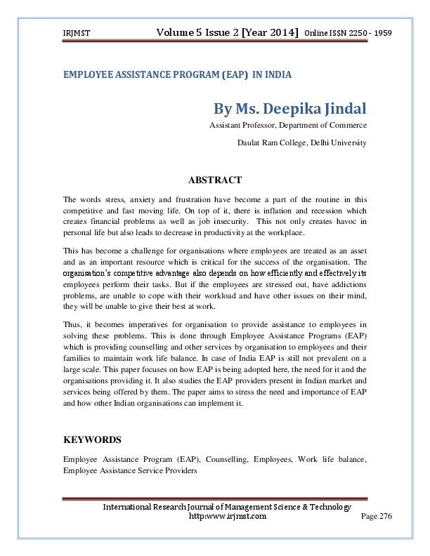 (PDF) EMPLOYEE ASSISTANCE PROGRAM (EAP) IN INDIA INTRODUCTION