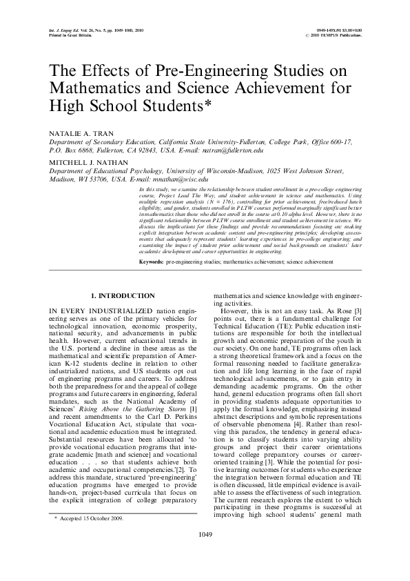 (PDF) The Effects of Pre-Engineering Studies on Mathematics and Science ...
