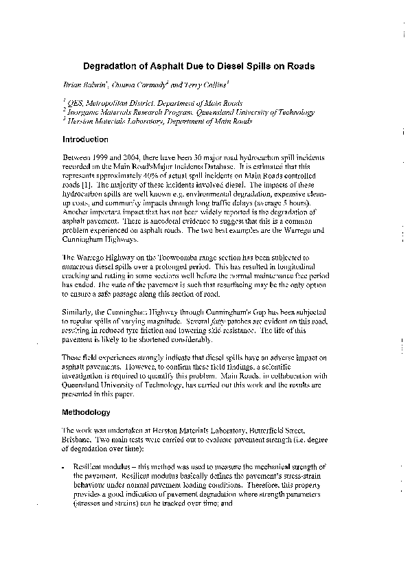 (PDF) Degradation of Asphalt Due to Diesel Spills on Roads John C