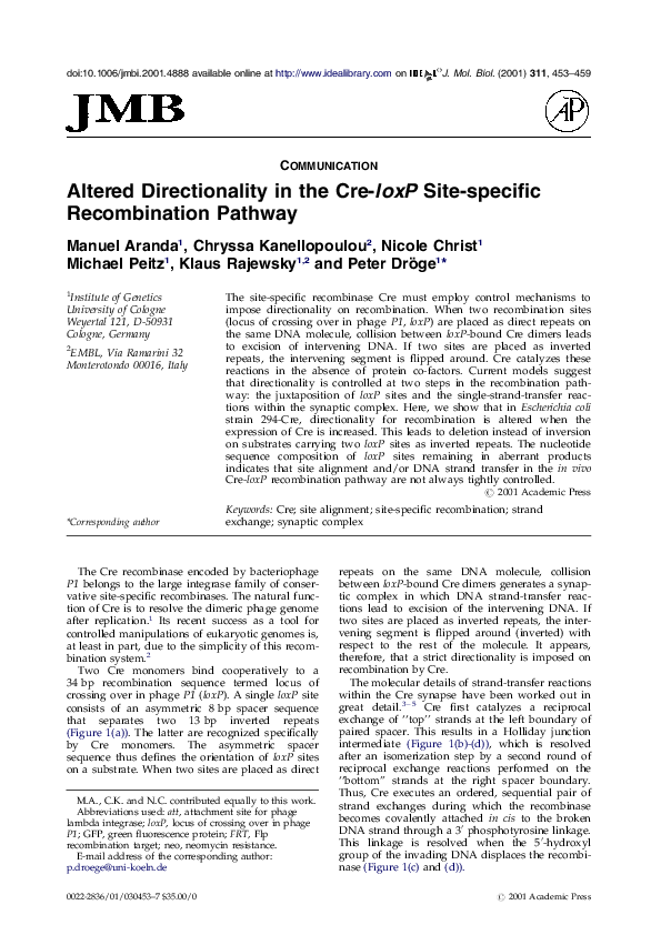 (PDF) “Altered directionality in the cre‐loxP site‐specific ...