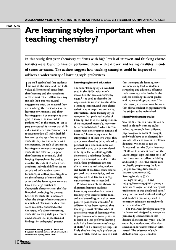 Are Learning Styles Important When Teaching Chemistry Alexandra 