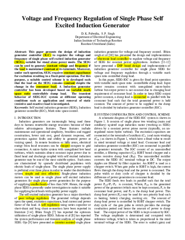 (PDF) Voltage and Frequency Regulation of Single Phase Self Excited Induction Generator