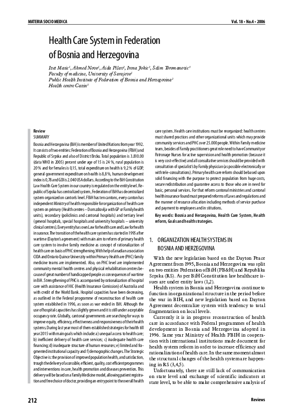 (PDF) Health Care System in Federation of Bosnia and Herzegovina