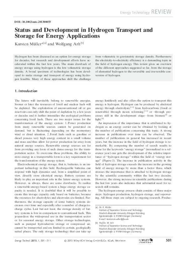 (PDF) Status and Development in Hydrogen Transport and Storage for ...