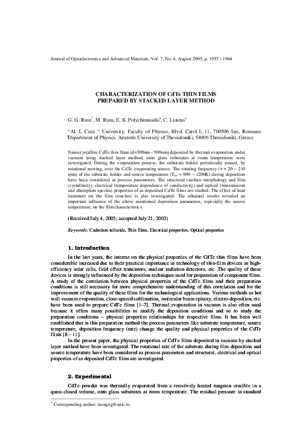 (PDF) CHARACTERIZATION OF CdTe THIN FILMS PREPARED BY STACKED LAYER METHOD