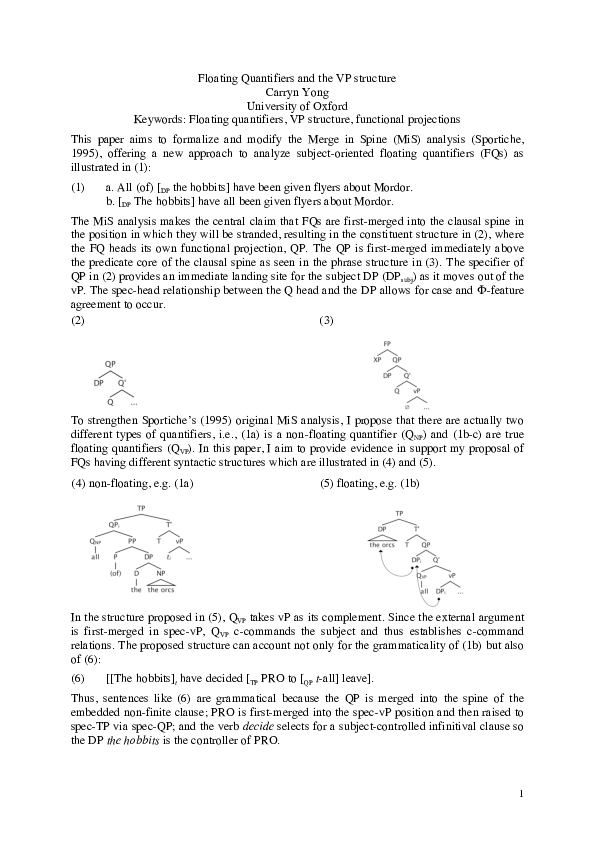 (PDF) Floating Quantifiers and the VP structure - detailed abstract