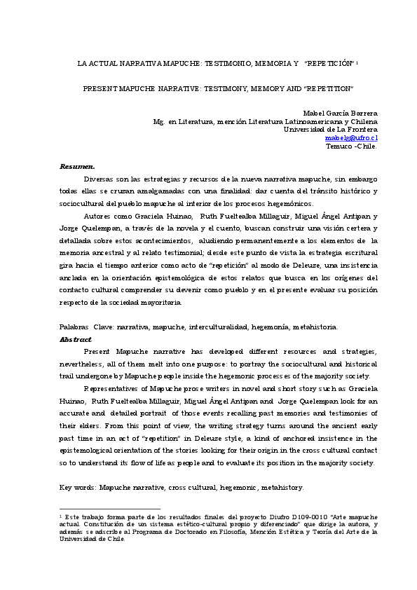 (PDF) La actual narrativa mapuche: testimonio, memoria y repetición