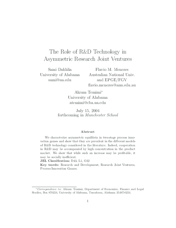 (PDF) The Role of R&D Technology in Asymmetric Research Joint Ventures