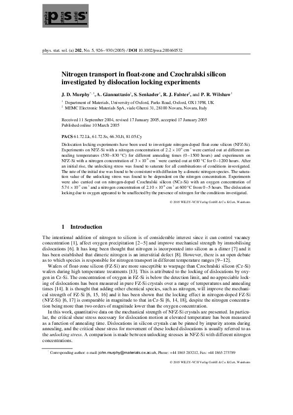 (PDF) Nitrogen transport in float-zone and Czochralski silicon ...