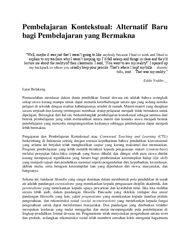 Doc Pembelajaran Kontekstual Alternatif Baru Bagi Pembelajaran Yang Bermakna Rizky Satria Academia Edu