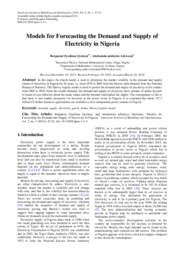 (PDF) Models for Forecasting the Demand and Supply of Electricity in ...