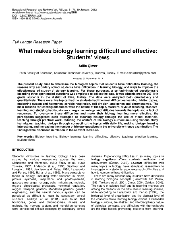 (PDF) What makes biology learning difficult and effective: Students' views