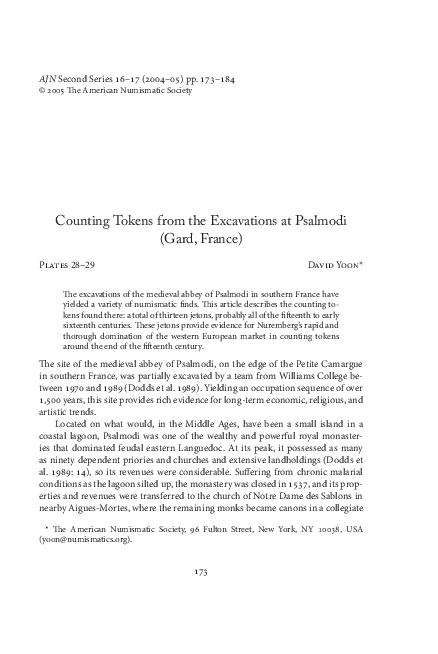 Pdf Counting Tokens From The Excavations At Psalmodi Gard France David Yoon Academia Edu