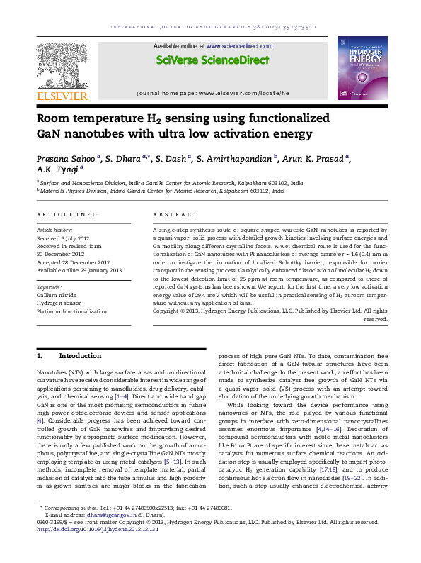 (PDF) Room temperature H 2 sensing using functionalized GaN nanotubes ...