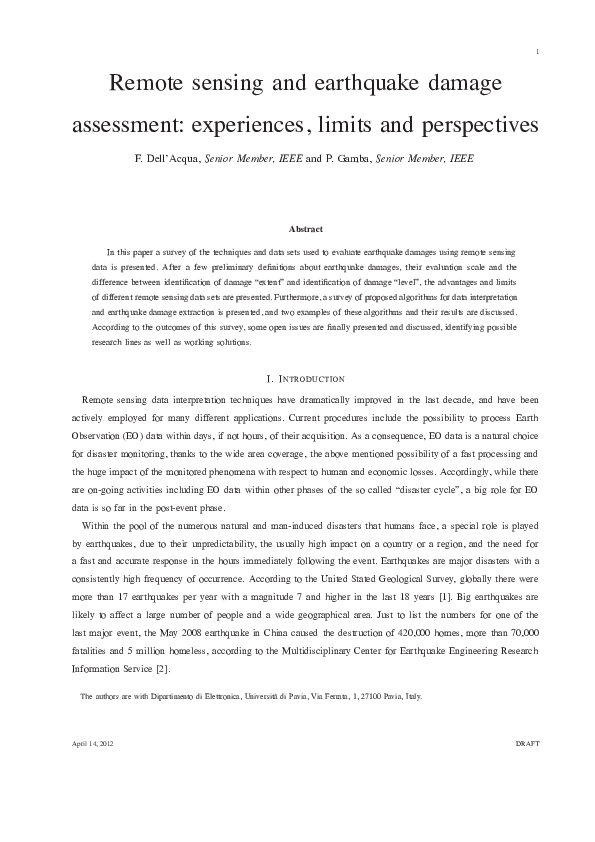 Pdf Remote Sensing And Earthquake Damage Assessment Experiences
