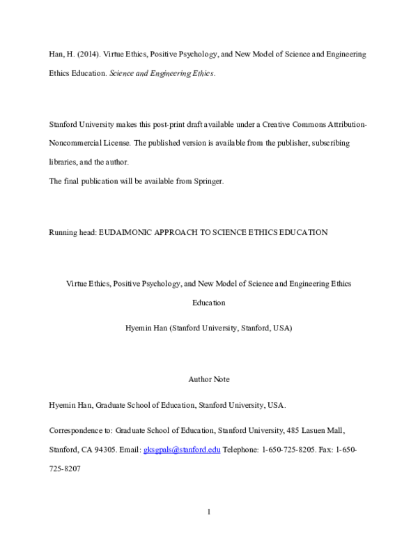 Pdf Virtue Ethics Positive Psychology And A New Model Of Science
