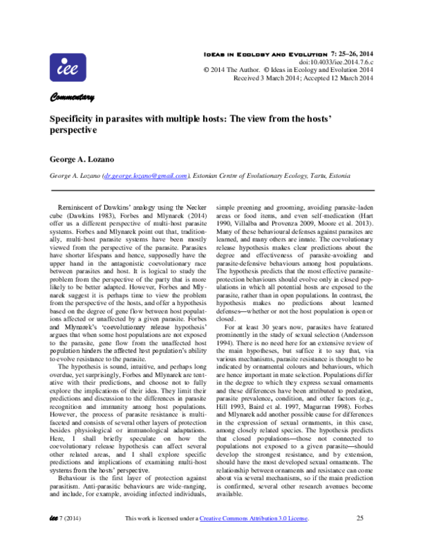 (PDF) Specificity in parasites with multiple hosts: the view from the ...
