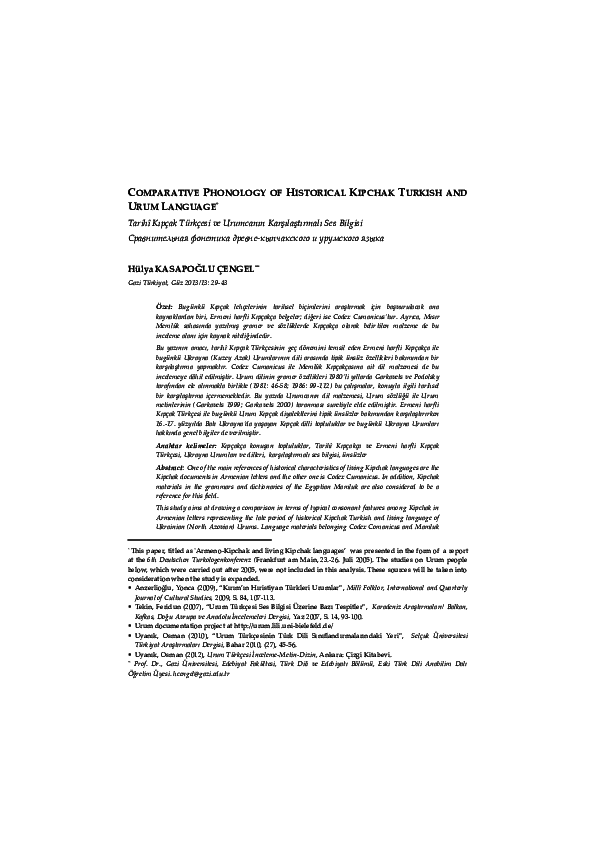 (PDF) COMPARATIVE PHONOLOGY OF HISTORICAL KIPCHAK TURKISH AND URUM LANGUAGE