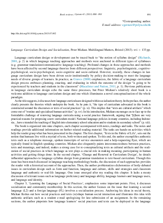 (PDF) Language Curriculum Design and Socialisation