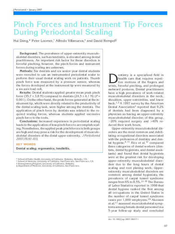 (PDF) Pinch Forces and Instrument Tip Forces During Periodontal Scaling