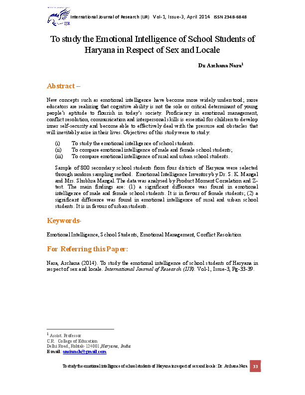 To Study The Emotional Intelligence Of School Students Of Haryana In Respect Of Sex And Locale Edupedia Publications Academia Edu