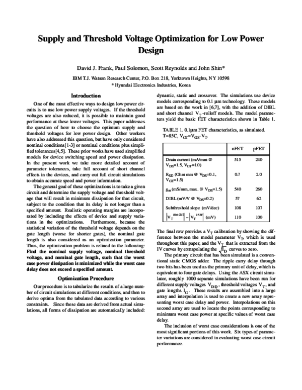 (PDF) Supply and threshold voltage optimization for low power design