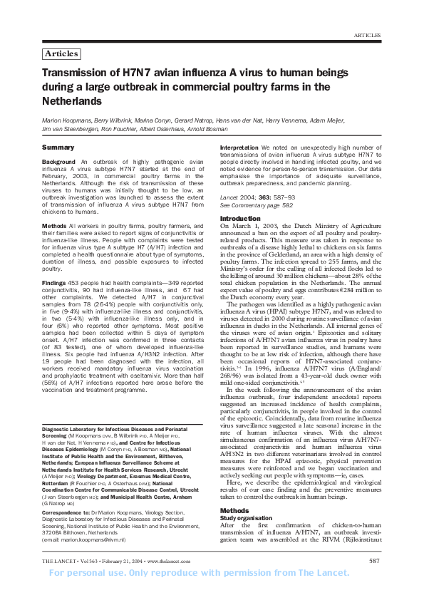 (PDF) Transmission of H7N7 avian influenza A virus to human beings ...