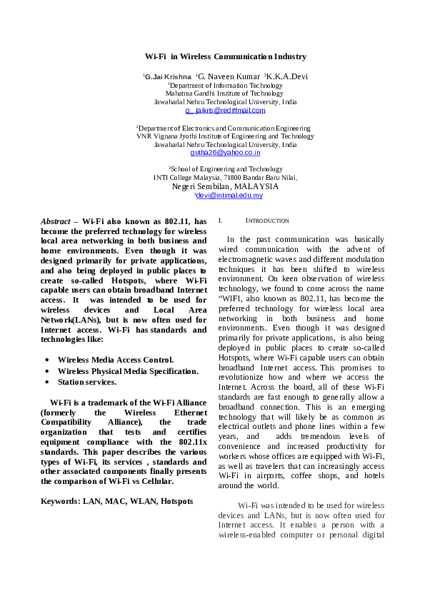 (PDF) Wi-Fi in Wireless Communication Industry