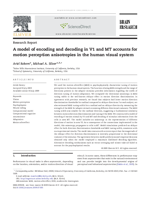 (PDF) A model of encoding and decoding in V1 and MT accounts for motion ...
