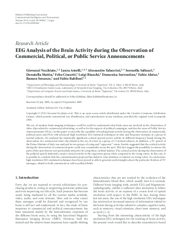 (PDF) EEG Analysis of the Brain Activity during the Observation of ...