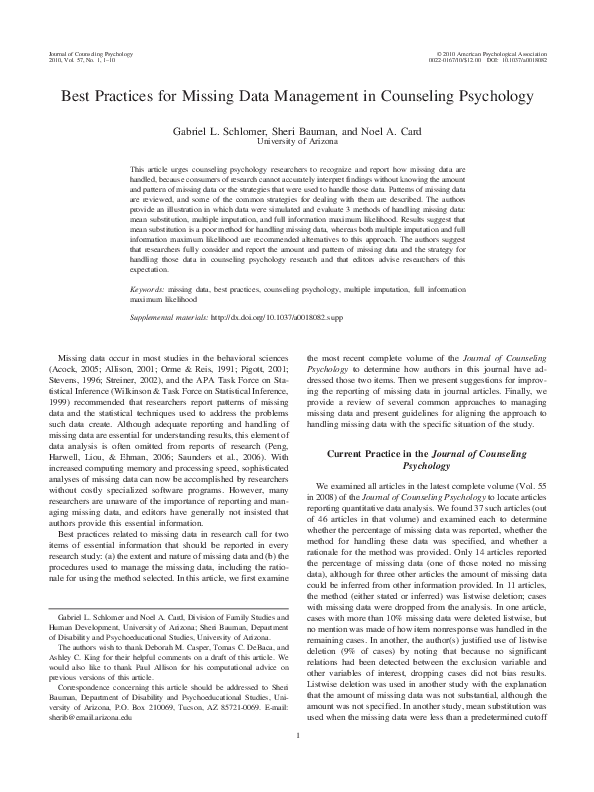 (PDF) Best Practices for Missing Data Management in Counseling Psychology