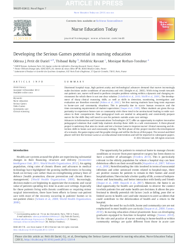 (PDF) Developing the Serious Games potential in nursing education