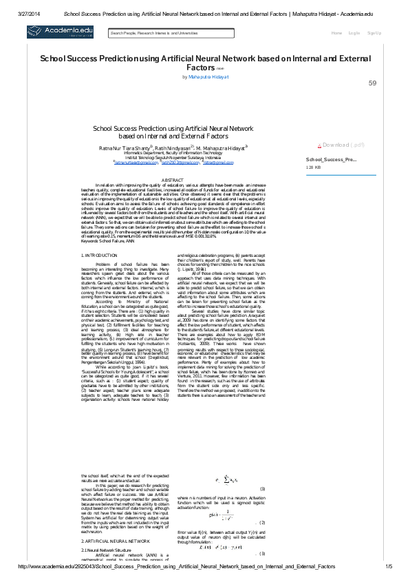 (PDF) School Success Prediction using Artificial Neural Network based ...