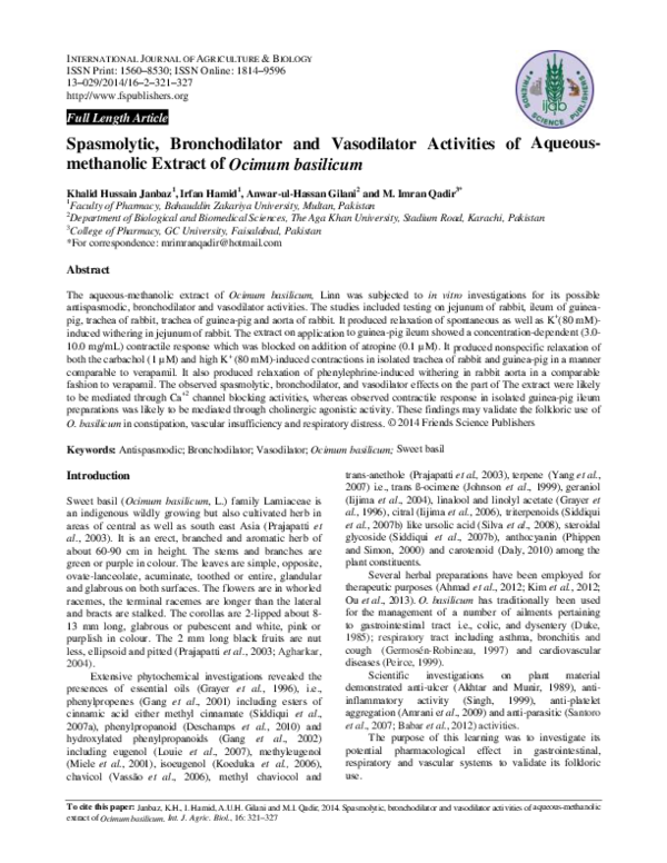 (PDF) Spasmolytic, Bronchodilator and Vasodilator Activities of Aqueous