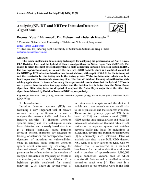 (PDF) Analyzing NB, DT and NBTree Intrusion Detection Algorithms
