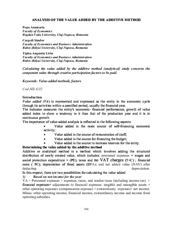 (PDF) ANALYSIS OF THE VALUE ADDED BY THE ADDITIVE METHOD