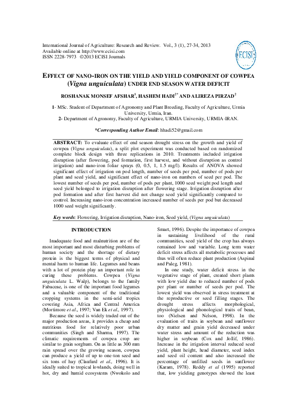 (PDF) EFFECT OF NANO-IRON ON THE YIELD AND YIELD COMPONENT OF COWPEA ...