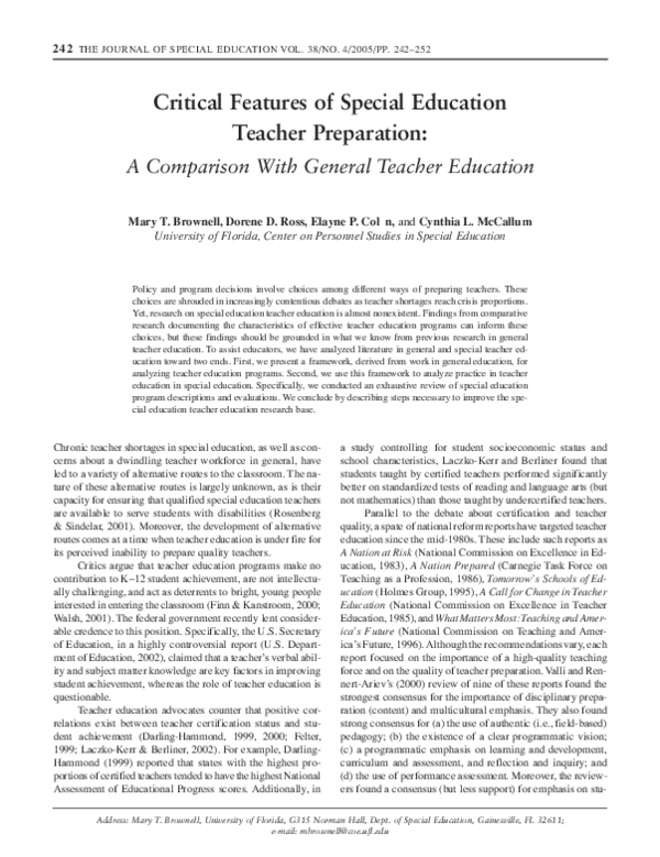 (PDF) Critical Features of Special Education Teacher Preparation A Comparison With General