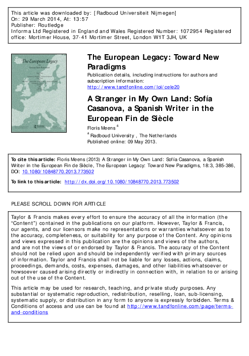 Pdf A Stranger In My Own Land Sofia Casanova A Spanish Writer In The European Fin De Siecle Floris Meens Academia Edu
