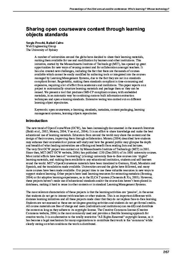 (PDF) Sharing open courseware content through learning objects standards