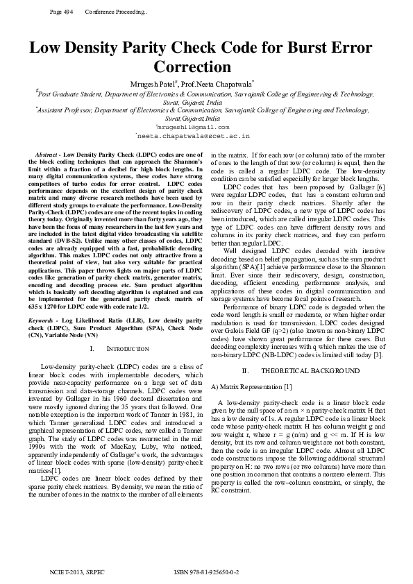 (PDF) Low Density Parity Check Code for Burst Error Correction